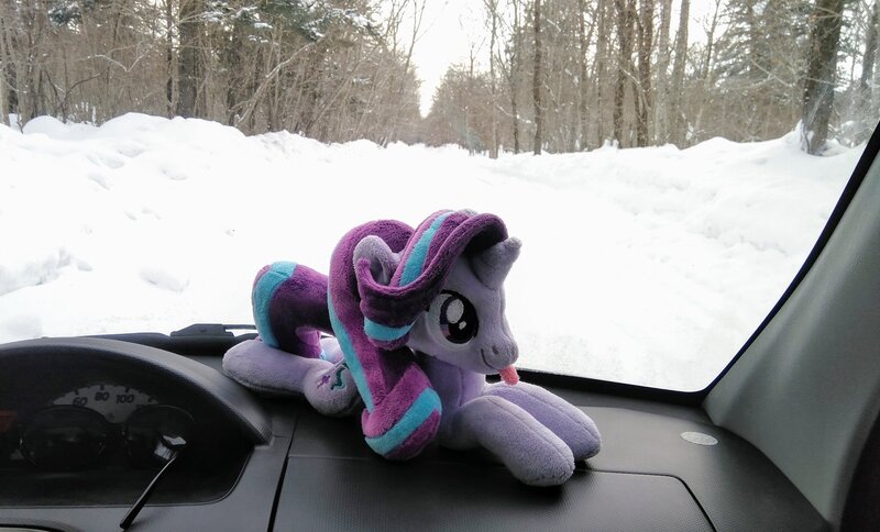 Size: 2048x1238 | Tagged: safe, derpibooru import, photographer:pakapaka1993, starlight glimmer, pony, unicorn, car, car interior, image, irl, irl photo, japan, jpeg, photo, plushie, snow, solo, winter