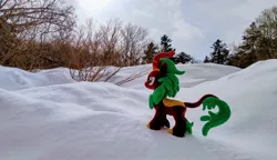 Size: 2048x1178 | Tagged: safe, derpibooru import, photographer:pakapaka1993, cinder glow, summer flare, kirin, image, irl, irl photo, japan, jpeg, photo, plushie, snow, solo, tree, winter