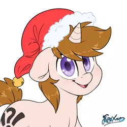 Size: 2414x2413 | Tagged: safe, artist:fluffyxai, derpibooru import, oc, oc:white shield, unofficial characters only, pony, unicorn, christmas, festive, hat, holiday, image, looking at you, png, santa hat, smiling