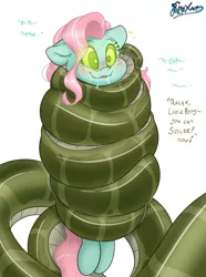 Size: 3724x5000 | Tagged: safe, artist:fluffyxai, derpibooru import, minty, oc, oc:melyssa, lamia, original species, blushing, coiling, coils, drool, hypnosis, image, png, smiling, speech, squeezing, squished, tail, tail wrap, talking, wrapped snuggly, wrapped up