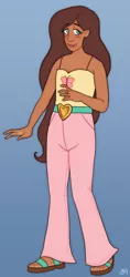 Size: 734x1552 | Tagged: safe, artist:greenarsonist, derpibooru import, fluttershy, human, undead, vampire, belt, belt buckle, blue background, blushing, clothes, dark skin, feet, female, humanized, image, long hair, natural hair color, png, sandals, sharp teeth, shoes, simple background, smiling, solo, teeth, tooth, trans female, transgender