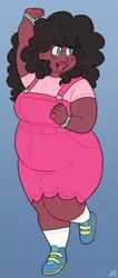 Size: 643x1523 | Tagged: safe, artist:greenarsonist, derpibooru import, human, blue background, blushing, bracelet, chubby, clothes, dark skin, dress, fat, humanized, image, jewelry, long hair, natural hair color, nonbinary, png, raised arm, raised hand, shoes, simple background, smiling, socks, solo