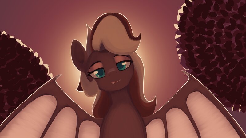 Size: 4096x2304 | Tagged: safe, artist:expression2, oc, oc:efflorescence, unofficial characters only, bat pony, pony, bat pony oc, bat wings, fangs, female, image, jpeg, lidded eyes, looking at you, mare, smiling, smiling at you, solo, spread wings, wings
