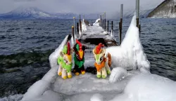 Size: 2048x1180 | Tagged: safe, derpibooru import, photographer:pakapaka1993, autumn blaze, cinder glow, spring glow, summer flare, kirin, pony, image, irl, irl photo, japan, jpeg, mountain, ocean, photo, pier, plushie, snow, trio, water, winter