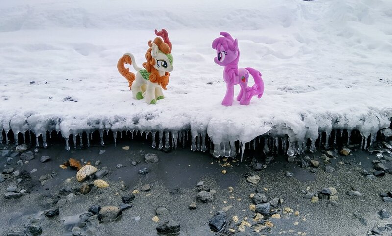 Size: 1024x618 | Tagged: safe, derpibooru import, photographer:pakapaka1993, autumn blaze, berry punch, berryshine, earth pony, kirin, pony, duo, icicle, image, irl, irl photo, japan, jpeg, photo, plushie, rock, snow, winter