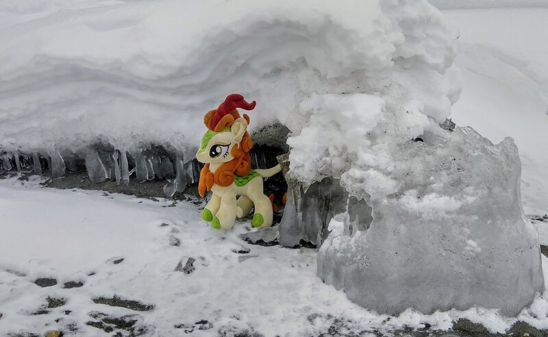 Size: 2048x1259 | Tagged: safe, derpibooru import, photographer:pakapaka1993, autumn blaze, kirin, ice, icicle, image, irl, irl photo, japan, jpeg, photo, plushie, snow, solo, winter