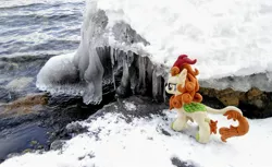 Size: 2048x1257 | Tagged: safe, derpibooru import, photographer:pakapaka1993, autumn blaze, kirin, ice, icicle, image, irl, irl photo, japan, jpeg, photo, plushie, snow, solo, water, winter