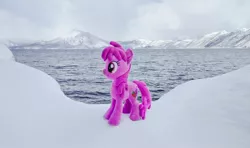 Size: 1024x605 | Tagged: safe, derpibooru import, photographer:pakapaka1993, berry punch, berryshine, earth pony, pony, image, irl, irl photo, japan, jpeg, mountain, ocean, photo, plushie, snow, solo, water, winter