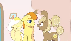 Size: 1742x1000 | Tagged: safe, artist:storyteller, derpibooru import, oc, oc:cinni swirl, oc:omelette, oc:sunny side, earth pony, pony, female, height difference, image, male, mare, png, size comparison, stallion, surprised