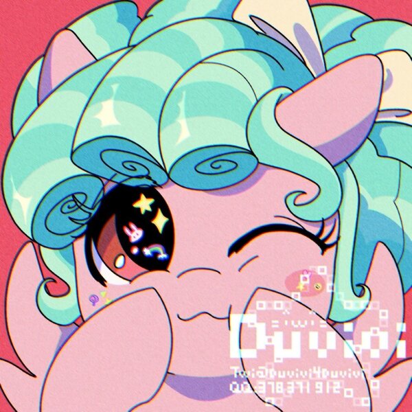 Size: 1000x1000 | Tagged: safe, artist:duvivi, derpibooru import, cozy glow, pegasus, pony, :3, cozybetes, cute, female, filly, foal, hooves on cheeks, image, jpeg, one eye closed, solo, starry eyes, wingding eyes, wink
