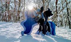 Size: 2048x1204 | Tagged: safe, derpibooru import, photographer:pakapaka1993, princess luna, alicorn, pony, image, irl, irl photo, japan, jpeg, photo, plushie, snow, solo, sunlight, tree, winter