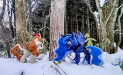 Size: 2048x1256 | Tagged: safe, derpibooru import, photographer:pakapaka1993, autumn blaze, princess luna, alicorn, kirin, pony, duo, image, irl, irl photo, japan, jpeg, photo, plushie, snow, tree, winter