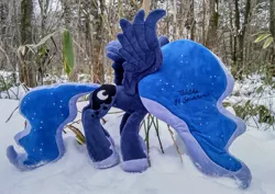 Size: 2048x1449 | Tagged: safe, derpibooru import, photographer:pakapaka1993, princess luna, alicorn, pony, image, irl, irl photo, japan, jpeg, photo, plant, plushie, signature, snow, solo, tree, voice actor, winter