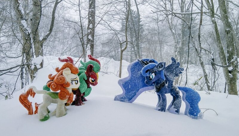 Size: 1024x586 | Tagged: safe, artist:lanacraft, derpibooru import, photographer:pakapaka1993, autumn blaze, cinder glow, summer flare, alicorn, kirin, pony, image, irl, irl photo, japan, jpeg, photo, plushie, snow, snowfall, tree, trio, winter