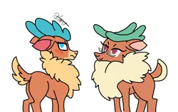 Size: 1024x648 | Tagged: safe, artist:ma5teroftheuniv3rse, derpibooru import, cashmere (tfh), velvet reindeer, deer, reindeer, them's fightin' herds, chest fluff, community related, cousins, duo, female, fluffy, glasses, image, jealous, jpeg, lidded eyes, looking back, missing accessory, signature, simple background, white background