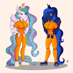 Size: 3000x3000 | Tagged: safe, artist:kefitani, derpibooru import, princess celestia, princess luna, anthro, bound wings, chained, clothes, cuffed, duo, hoof shoes, image, png, prison outfit, prisoner, wings