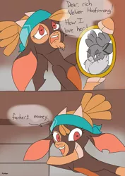 Size: 1161x1639 | Tagged: safe, artist:hyakuen, derpibooru import, velvet reindeer, deer, goat, reindeer, them's fightin' herds, 2 panel comic, bandana, breaking the fourth wall, cloven hooves, comic, community related, female, image, looking at you, not shipping, parody, photo, png, shanty (tfh), the dover boys, whispering