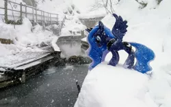 Size: 2048x1288 | Tagged: safe, derpibooru import, photographer:pakapaka1993, princess luna, alicorn, pony, hot springs, image, irl, irl photo, japan, jpeg, photo, plushie, river, snow, snowfall, solo, water, winter