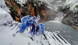 Size: 2048x1184 | Tagged: safe, derpibooru import, photographer:pakapaka1993, princess luna, alicorn, pony, hot springs, image, irl, irl photo, japan, jpeg, photo, plushie, river, snow, snowfall, solo, water, waterfall, winter