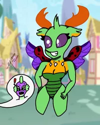 Size: 1216x1509 | Tagged: suggestive, artist:sparkle2890, derpibooru import, spike, thorax, anthro, changedling, changeling, breasts, busty queen mesosoma, flustered, grin, image, jpeg, king thorax, mesosoma, mesospike, queen mesosoma, rule 63, smiling, surprised