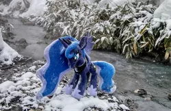 Size: 2048x1330 | Tagged: safe, derpibooru import, photographer:pakapaka1993, princess luna, alicorn, pony, image, irl, irl photo, japan, jpeg, photo, plant, plushie, river, snow, snowfall, solo, water, winter