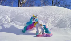 Size: 2048x1179 | Tagged: safe, derpibooru import, photographer:pakapaka1993, princess celestia, alicorn, pony, image, irl, irl photo, japan, jpeg, photo, plushie, snow, solo, winter