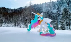 Size: 2048x1205 | Tagged: safe, derpibooru import, photographer:pakapaka1993, princess celestia, alicorn, pony, image, irl, irl photo, japan, jpeg, photo, plushie, snow, solo, tree, winter