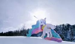 Size: 1024x608 | Tagged: safe, derpibooru import, photographer:pakapaka1993, princess celestia, alicorn, pony, image, irl, irl photo, japan, jpeg, photo, plushie, snow, solo, sunlight, tree, winter