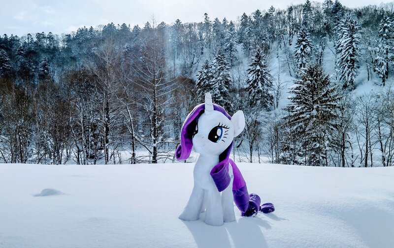 Size: 2048x1294 | Tagged: safe, derpibooru import, photographer:pakapaka1993, rarity, pony, unicorn, image, irl, irl photo, japan, jpeg, photo, plushie, snow, solo, tree, winter