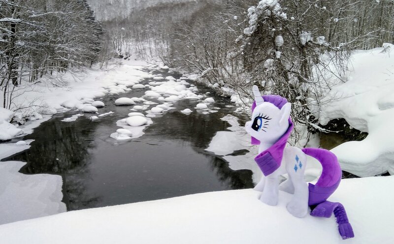 Size: 2048x1268 | Tagged: safe, derpibooru import, photographer:pakapaka1993, rarity, pony, unicorn, image, irl, irl photo, japan, jpeg, photo, plushie, river, snow, solo, tree, water, winter