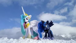 Size: 2048x1152 | Tagged: safe, derpibooru import, photographer:pakapaka1993, princess celestia, princess luna, alicorn, pony, duo, image, irl, irl photo, japan, jpeg, photo, plushie, snow, winter