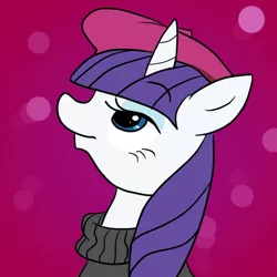 Size: 512x512 | Tagged: safe, artist:glitterypencils, derpibooru import, rarity, pony, unicorn, alternate hairstyle, beatnik rarity, beret, bust, clothes, female, hat, image, looking up, mare, png, solo, sweater