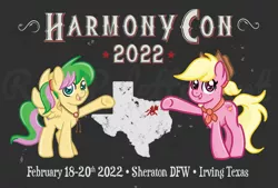Size: 930x630 | Tagged: safe, artist:redpalette, derpibooru import, oc, oc:harmonic tune, oc:harmony star, unofficial characters only, earth pony, pegasus, pony, 2022, blonde, clothes, convention, convention art, cowboy hat, cute, duo, earth pony oc, female, harmony con, harmony pony con, hat, image, jpeg, mare, mascot, neckerchief, pegasus oc, postcard, scarf, smiling, texas, watermark, wings