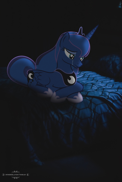 Size: 4016x6016 | Tagged: photographer needed, safe, artist:j5a4, artist:zombielandundead, derpibooru import, princess luna, alicorn, pony, absurd resolution, bed, crying, female, image, irl, irl photo, jpeg, mare, photo, ponies in real life, sad