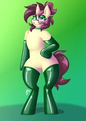 Size: 2894x4093 | Tagged: safe, artist:aidraws, derpibooru import, part of a set, oc, oc:ambiguity, unofficial characters only, semi-anthro, unicorn, bipedal, blushing, chest fluff, clothes, collar, eyebrows, eyeshadow, femboy, glasses, gradient background, green eyes, horn, image, latex, latex socks, latex stockings, lidded eyes, looking at you, makeup, male, mascara, png, ponytail, signature, smiling, smiling at you, smirk, smug, socks, solo, tail