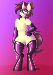 Size: 2894x4093 | Tagged: safe, artist:aidraws, derpibooru import, part of a set, oc, oc:ambiguity, unofficial characters only, semi-anthro, unicorn, bipedal, blushing, chest fluff, clothes, collar, eyebrows, eyeshadow, featureless crotch, femboy, glasses, gradient background, green eyes, horn, image, latex, latex socks, latex stockings, lidded eyes, looking at you, makeup, male, mascara, png, ponytail, signature, smiling, smiling at you, smirk, smug, socks, solo, tail