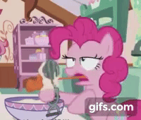 Size: 200x170 | Tagged: safe, derpibooru import, screencap, pinkie pie, earth pony, pony, between dark and dawn, animated, batter, bowl, cropped, egg beater, food, gif, image, mixing bowl, open mouth, solo, stuck, tongue out, watermark