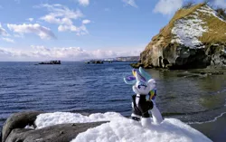 Size: 2048x1283 | Tagged: safe, derpibooru import, photographer:pakapaka1993, rarity, pony, unicorn, alternate hairstyle, image, irl, irl photo, japan, jpeg, ocean, photo, plushie, punk, raripunk, rock, snow, solo, water