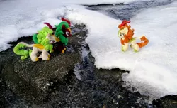 Size: 2048x1243 | Tagged: safe, derpibooru import, photographer:pakapaka1993, autumn blaze, cinder glow, spring glow, summer flare, kirin, pony, image, irl, irl photo, japan, jpeg, photo, plushie, rock, snow, trio, water