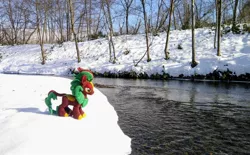 Size: 2048x1270 | Tagged: safe, derpibooru import, photographer:pakapaka1993, cinder glow, summer flare, kirin, image, irl, irl photo, japan, jpeg, photo, plushie, river, snow, solo, tree, water, winter