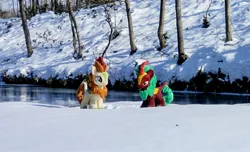 Size: 2048x1249 | Tagged: safe, derpibooru import, photographer:pakapaka1993, autumn blaze, cinder glow, summer flare, kirin, pony, duo, image, irl, irl photo, japan, jpeg, photo, plushie, river, snow, tree, water, winter