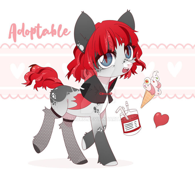 Size: 1024x899 | Tagged: safe, artist:miioko, derpibooru import, oc, unofficial characters only, bat pony, pony, abstract background, bat pony oc, bat wings, deviantart watermark, food, ice cream, image, jpeg, obtrusive watermark, slit pupils, smiling, solo, watermark, wings