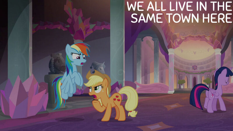 Size: 1280x720 | Tagged: safe, derpibooru import, edit, edited screencap, editor:quoterific, screencap, applejack, rainbow dash, twilight sparkle, twilight sparkle (alicorn), alicorn, earth pony, pegasus, pony, non-compete clause, season 8, spoiler:s08, applejack's hat, cowboy hat, eyes closed, female, flying, hat, image, jpeg, mare, open mouth, school of friendship, smiling, wings