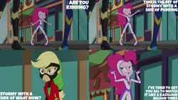 Size: 1280x720 | Tagged: safe, derpibooru import, edit, edited screencap, editor:quoterific, screencap, applejack, fili-second, mistress marevelous, pinkie pie, rainbow dash, sunset shimmer, zapp, equestria girls, movie magic, spoiler:eqg specials, eyes closed, female, image, jpeg, offscreen character, open mouth, open smile, power ponies, smiling