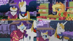Size: 1280x720 | Tagged: safe, derpibooru import, edit, edited screencap, editor:quoterific, screencap, applejack, prince blueblood, rarity, earth pony, pony, unicorn, season 1, the best night ever, clothes, cowboy hat, dress, eyes closed, female, gala dress, hat, image, male, mare, open mouth, open smile, png, smiling, stallion