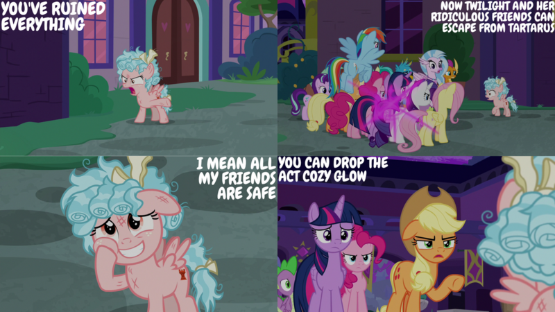 Size: 1280x720 | Tagged: safe, derpibooru import, edit, edited screencap, editor:quoterific, screencap, applejack, cozy glow, fluttershy, gallus, pinkie pie, rainbow dash, rarity, sandbar, silverstream, smolder, spike, starlight glimmer, twilight sparkle, twilight sparkle (alicorn), yona, alicorn, dragon, earth pony, gryphon, hippogriff, pegasus, pony, unicorn, yak, school raze, season 8, spoiler:s08, applejack's hat, cowboy hat, dragoness, female, filly, floppy ears, flying, foal, grin, hat, image, male, mane seven, mane six, mare, open mouth, png, school of friendship, smiling, spread wings, stallion, winged spike, wings