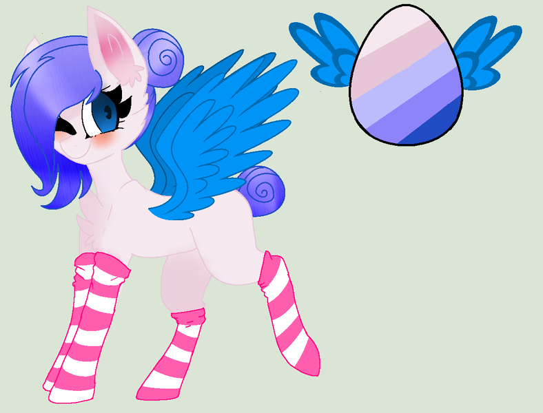 Size: 1224x932 | Tagged: safe, artist:yulianapie26, derpibooru import, oc, unofficial characters only, pegasus, pony, base used, clothes, egg, eyelashes, female, image, mare, one eye closed, pegasus oc, png, simple background, socks, solo, striped socks, wings, wink