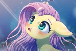 Size: 2700x1800 | Tagged: safe, artist:symbianl, derpibooru import, fluttershy, pegasus, pony, blushing, bubble, confused, crepuscular rays, cute, digital art, female, flowing mane, green eyes, high res, image, looking up, mare, ocean, open mouth, pink mane, png, reflection, signature, solo, sunlight, underwater, water