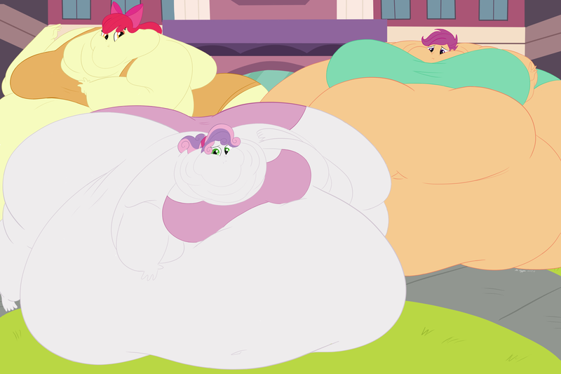 Size: 2880x1920 | Tagged: suggestive, artist:necrofeline, derpibooru import, apple bloom, scootaloo, sweetie belle, series:cutie mark crusaders snack expansion, equestria girls, apple blob, bbw, belly, belly bed, belly button, big belly, big breasts, bingo wings, bottom heavy, bra, breasts, butt, canterlot high, chubby cheeks, clothes, cutie mark crusaders, digital art, fat, fat boobs, fat fetish, female, fetish, huge belly, huge breasts, huge butt, image, immobile, impossibly large belly, impossibly large breasts, impossibly large butt, impossibly large everything, impossibly obese, large butt, morbidly obese, near immobile, obese, outdoors, panties, png, scootalard, sitting, ssbbw, stretch mark crusaders, sweetie belly, thighs, thunder thighs, too big, too fat, too fat to fit, too fat to get through, trio, trio female, underwear, wardrobe malfunction, weight gain, weight gain sequence