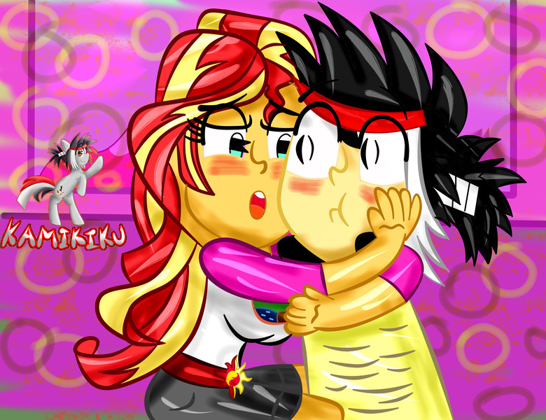 Size: 3900x3000 | Tagged: suggestive, artist:kamikiku, derpibooru import, sunset shimmer, oc, equestria girls, legend of everfree, blushing, bus, image, jpeg, love, romance, seductive pose